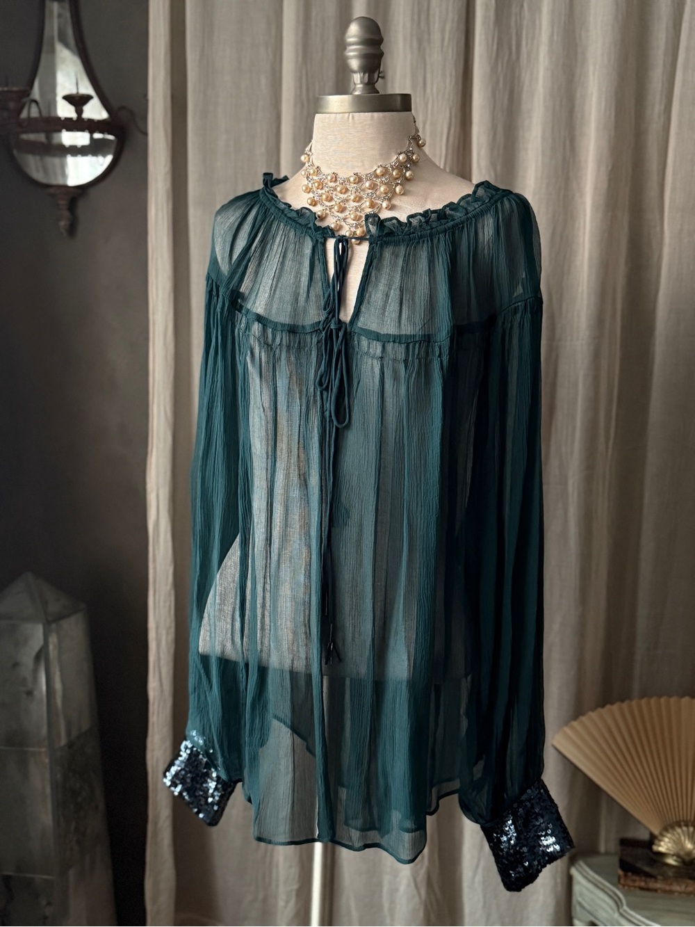 Free People Dream Cuff Sheer Teal Long-Sleeve Tie-Neck Blouse fairy ethereal